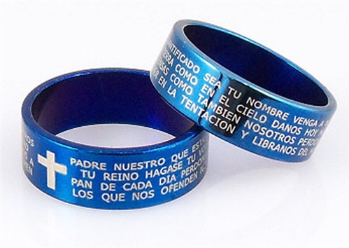 S22 Blue Spanish Our Father Lord's Prayer Padre Nuestro Stainless Steel  Ring Jesus Christ - The Quiet Witness