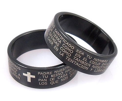 S23 Black Spanish Our Father Lord's Prayer Padre Nuestro Stainless Steel  Ring Jesus Christ - The Quiet Witness